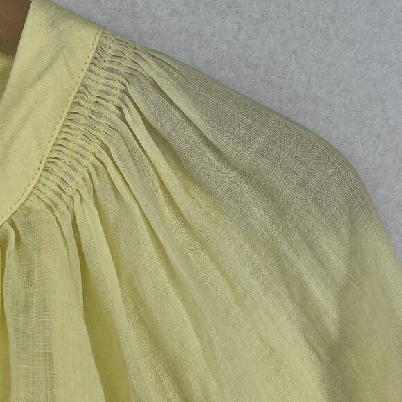 ZARA Top Womens L Popover Smocked Blouse Balloon Sleeve Ramie Cotton Yellow - Picture 9 of 12